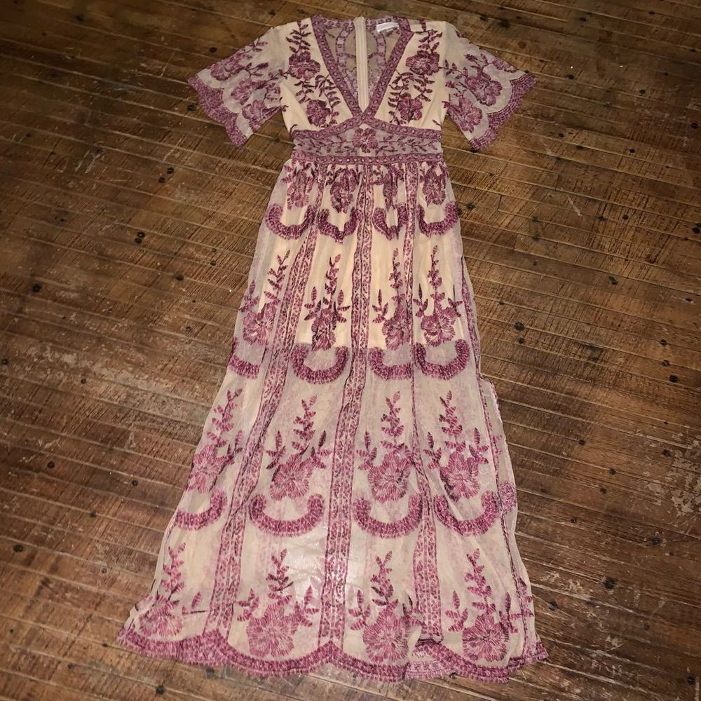 Boho Embroidered V-Neck Maxi Dress in Pink